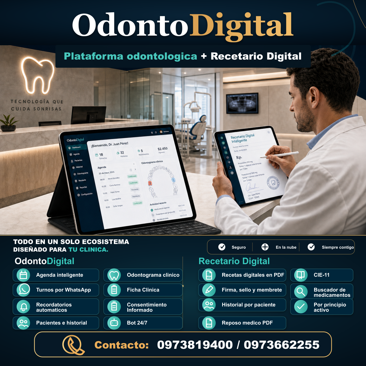 Flyer de OdontoDigital con plataforma odontologica y Recetario Digital